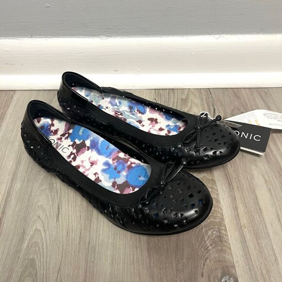 Vionic Flats Womens 8.5 Surin Black Leather High Arch Support Orthaheel Tech NWT - Picture 1 of 6